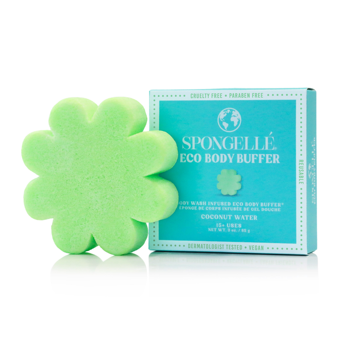 Spongellé coconut water eco body buffer, a body wash-infused exfoliating buffer with coconut scent, shown in close-up.
