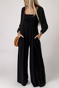 Smocked Sleeveless Wide Leg Jumpsuit with Pockets