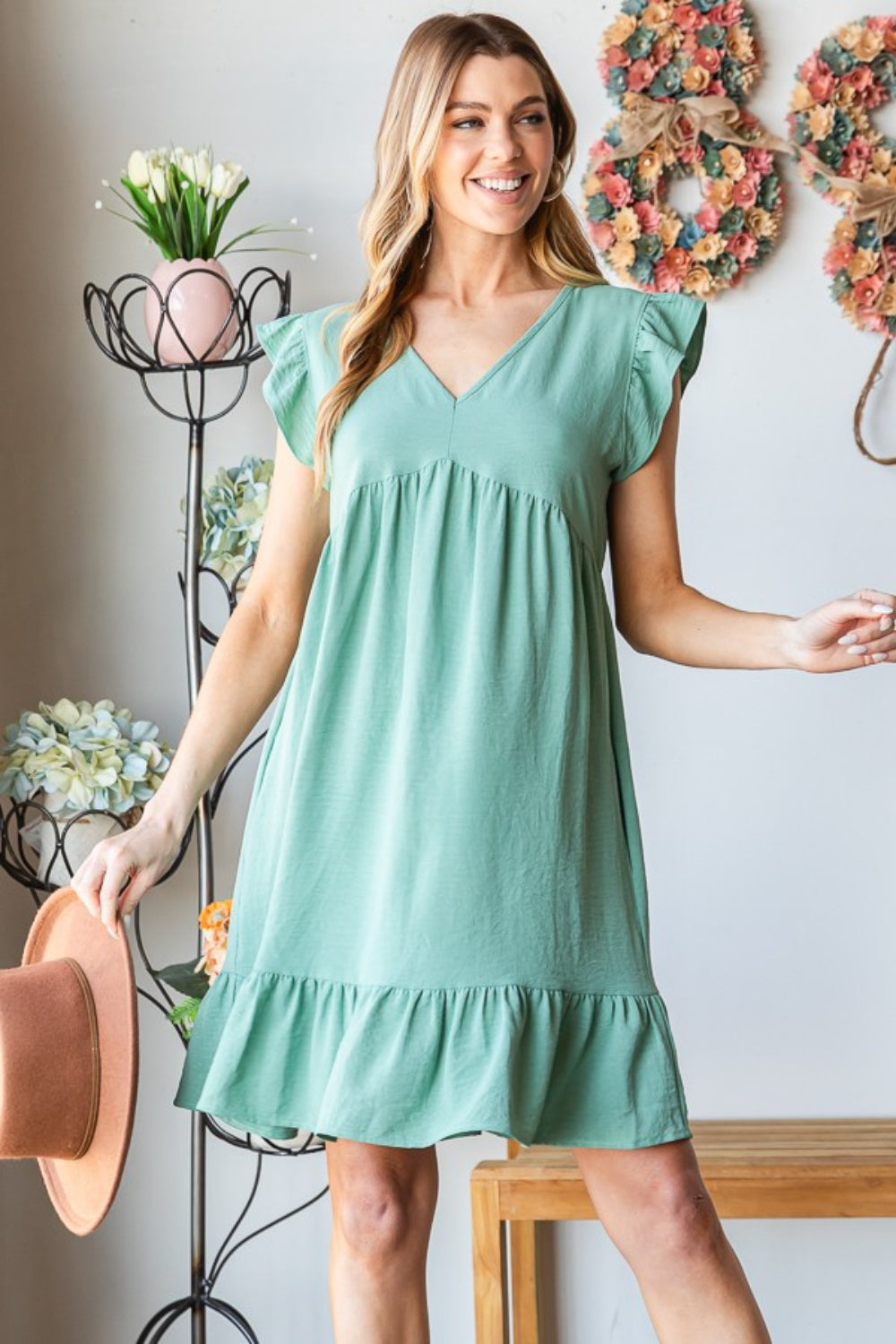 Heimish Short Sleeve V Neck Ruffled Hem Dress