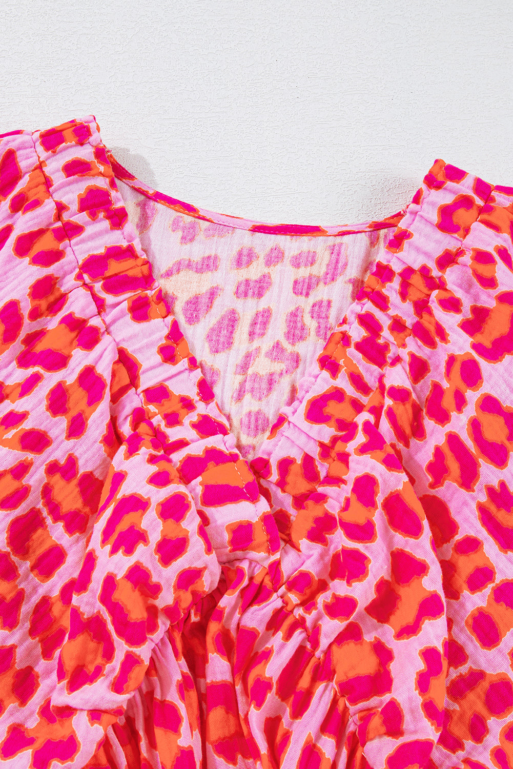 Pink V Neck 3/4 Puff Sleeve Leopard Print Dress