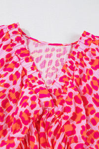 Pink V Neck 3/4 Puff Sleeve Leopard Print Dress