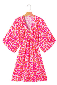 Pink V Neck 3/4 Puff Sleeve Leopard Print Dress