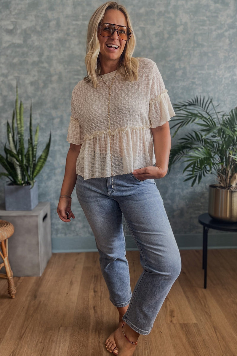 Beige Solid Color Lace Textured Ruffle Blouse