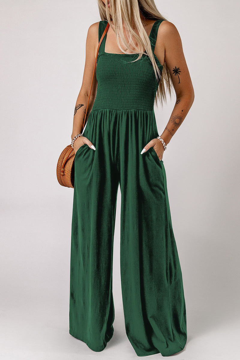 Smocked Sleeveless Wide Leg Jumpsuit with Pockets