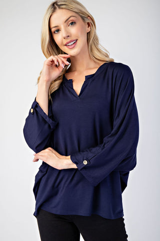 Notched Three-Quarter Sleeve Blouse