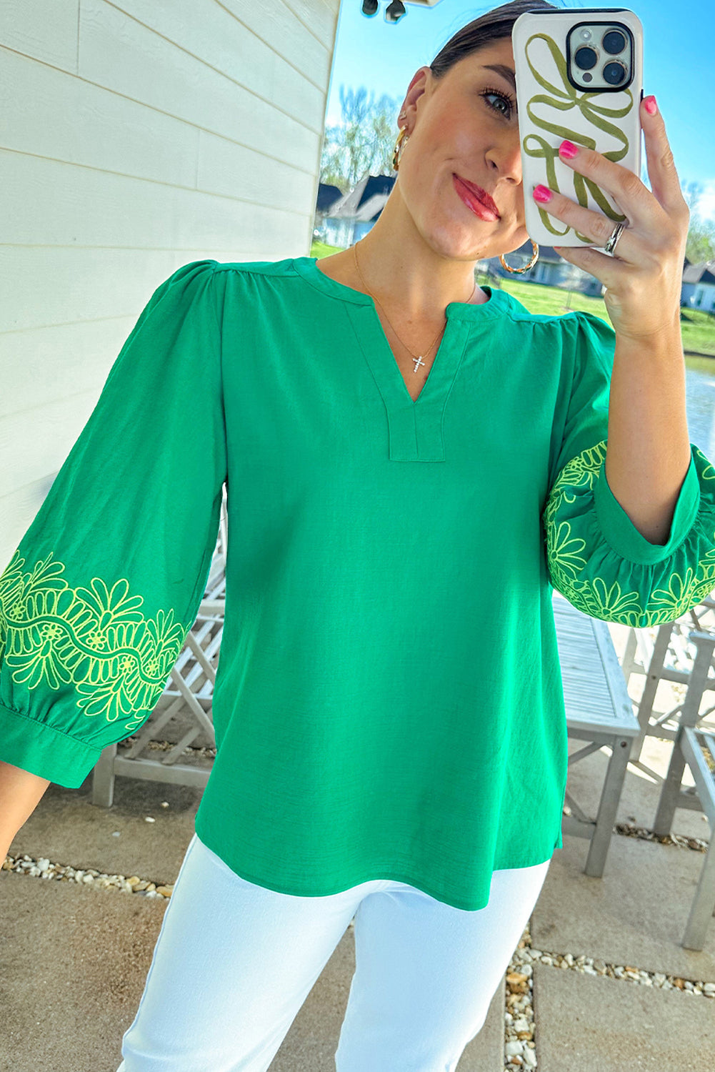 Green Floral 3/4 Sleeve Notched V Neck Blouse