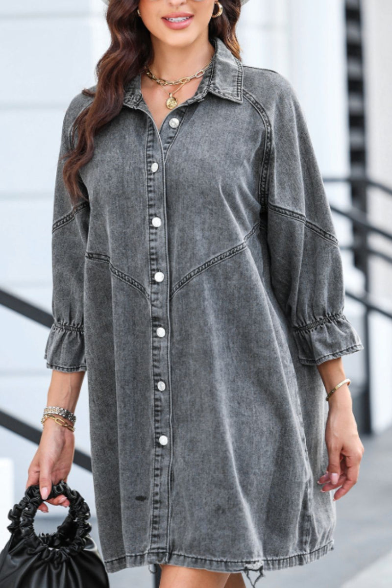 Distressed Collared Neck Flounce Sleeve Denim Dress