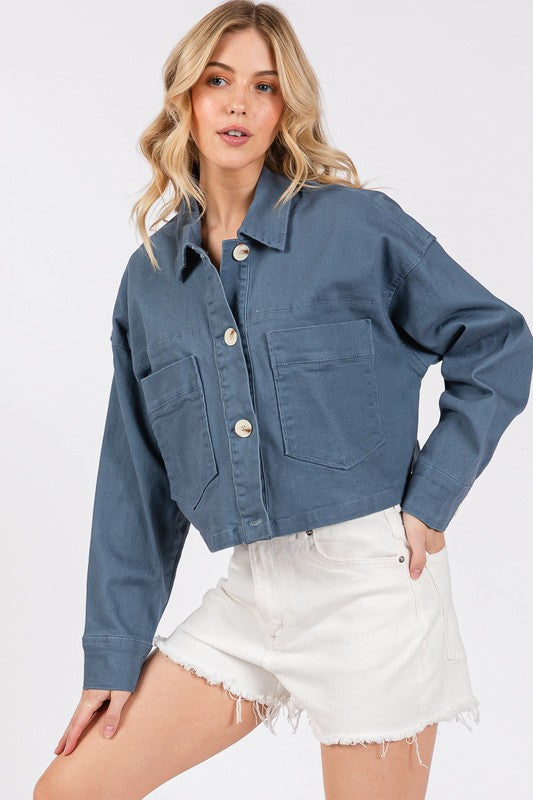 Cropped Denim Jacket with Patch Pockets