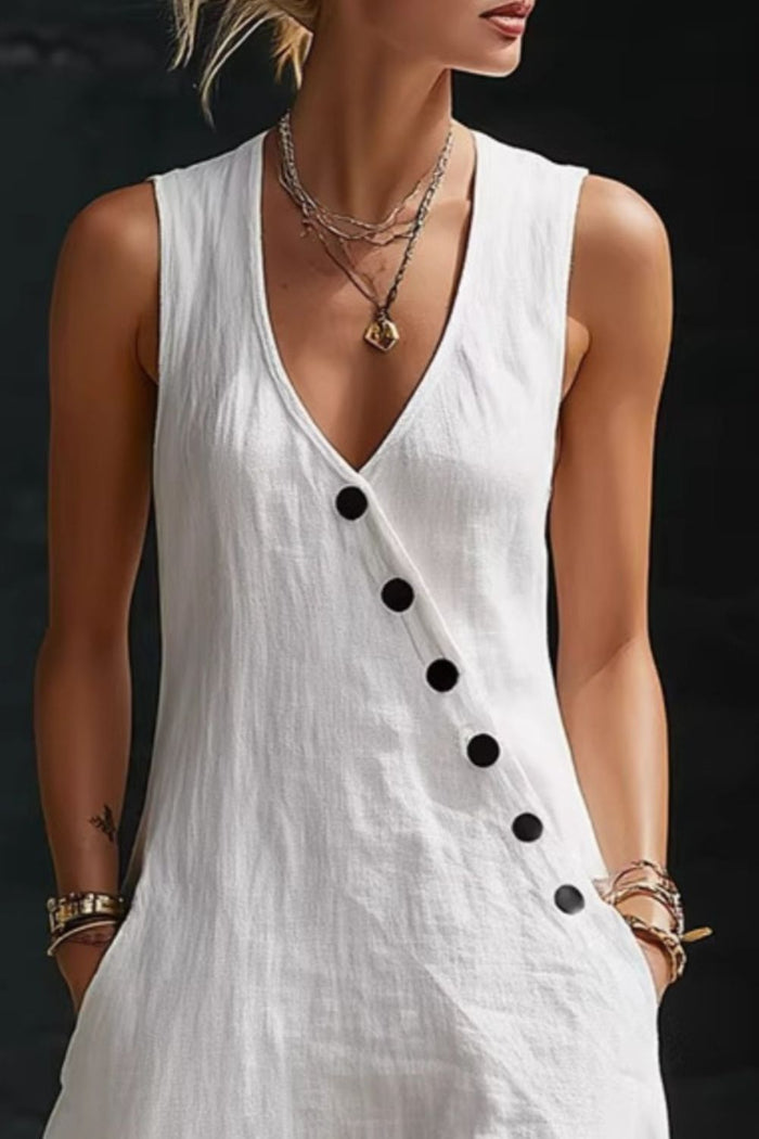 Sleeveless button-down midi dress by Trendsi featuring a flowy fabric and a classic collar, perfect for casual or semi-formal wear.