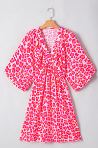 Pink V Neck 3/4 Puff Sleeve Leopard Print Dress