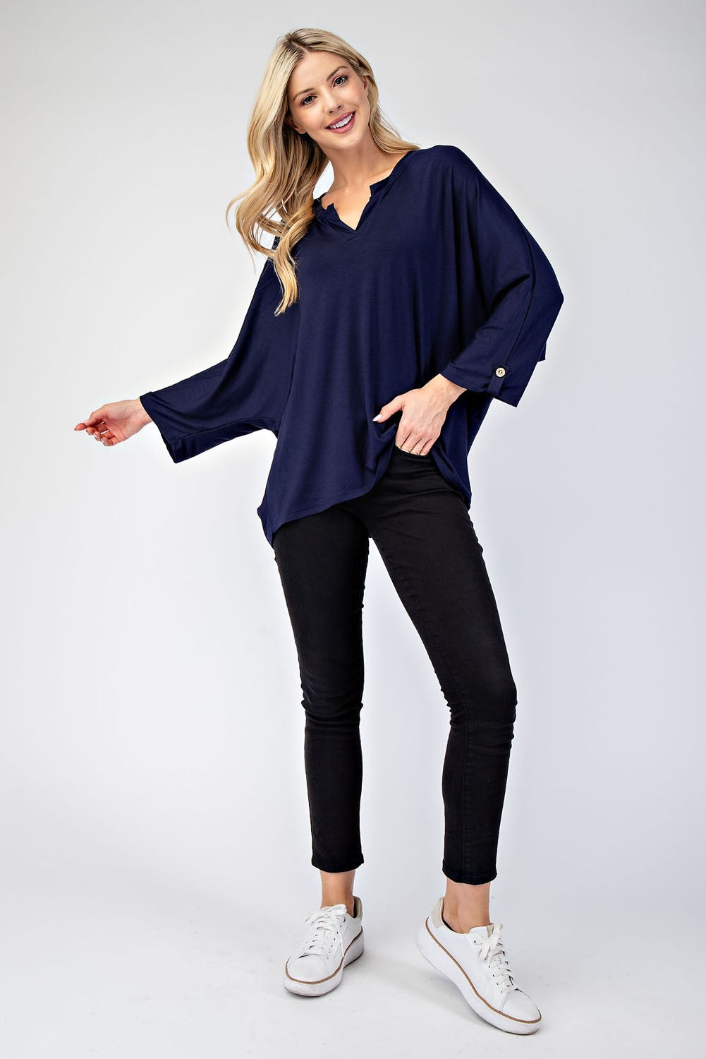 Notched Three-Quarter Sleeve Blouse