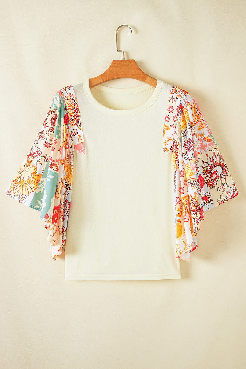 Beige Floral Patchwork Batwing Sleeve Blouse