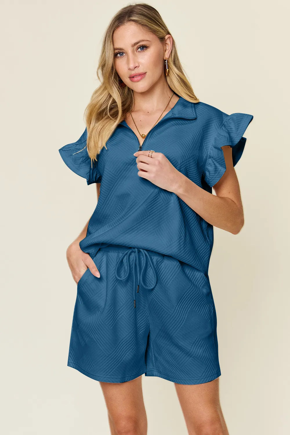 Trendsi double take texture flounce sleeve top and matching drawstring shorts set, featuring stylish sleeves and casual fit.