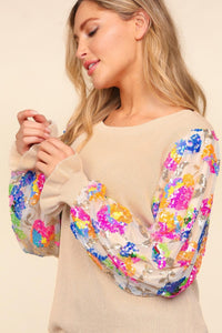 Haptics Floral Sequins Mesh Flounce Sleeve Sweater