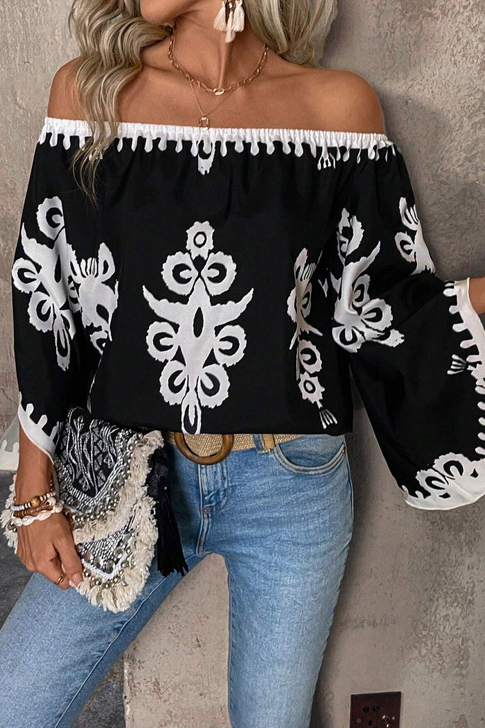 Black Abstract Print Off Shoulder Flounce Sleeve Blouse