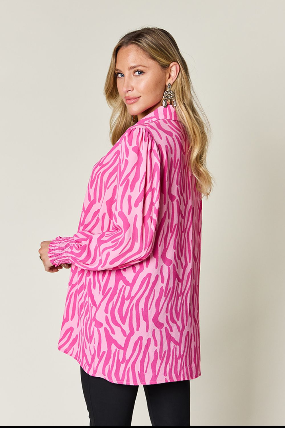 Double Take Printed Smocked Long Sleeve Blouse