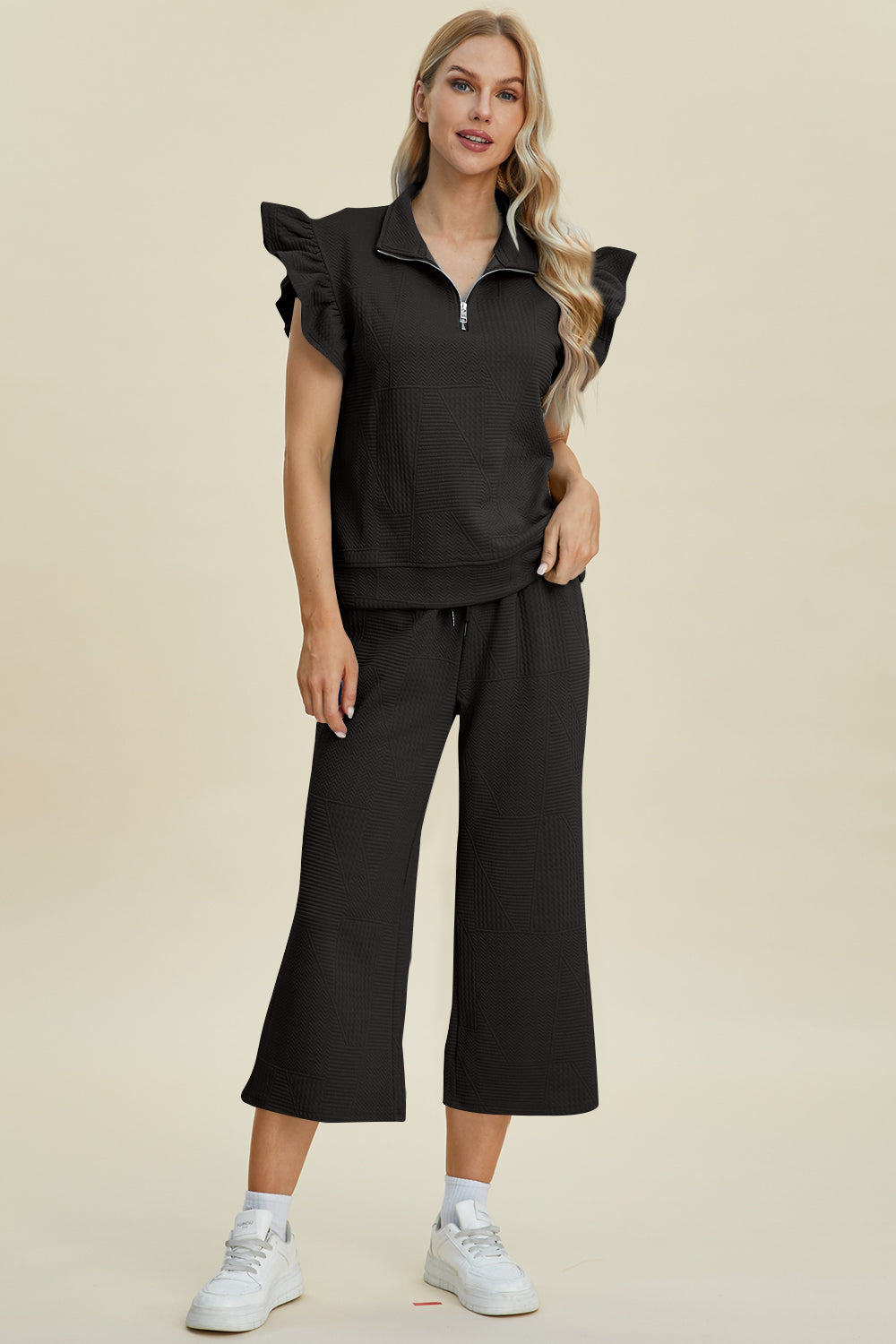 Double Take Texture Ruffle Short Sleeve Top and Wide Leg Pants Set