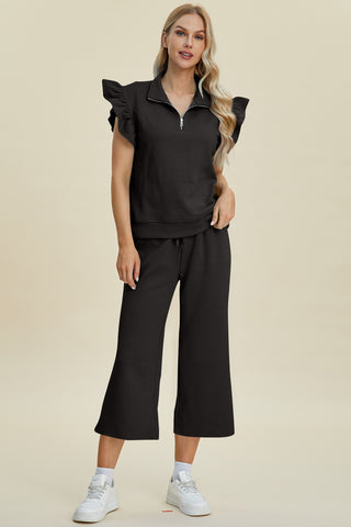 Double Take Texture Ruffle Short Sleeve Top and Wide Leg Pants Set