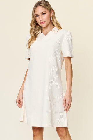 Double Take Texture Collared Neck Short Sleeve Dress