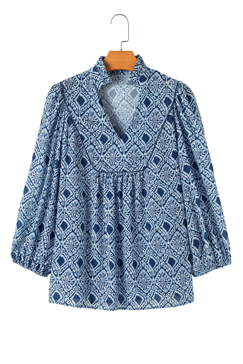 Sky Blue Ethnic Geometric Print Frill Neck Loose Fit Blouse