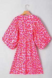 Pink V Neck 3/4 Puff Sleeve Leopard Print Dress