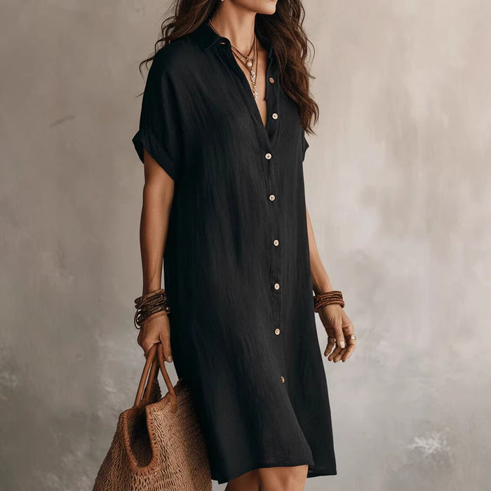 Women's Buttoned Midi Shirt Dress – Short Sleeve Cotton Linen