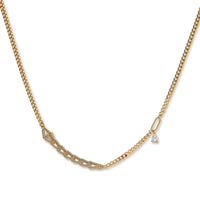 Gold-plated necklace with geometric diamond segments and matching huggie earrings featuring cubic zirconia details