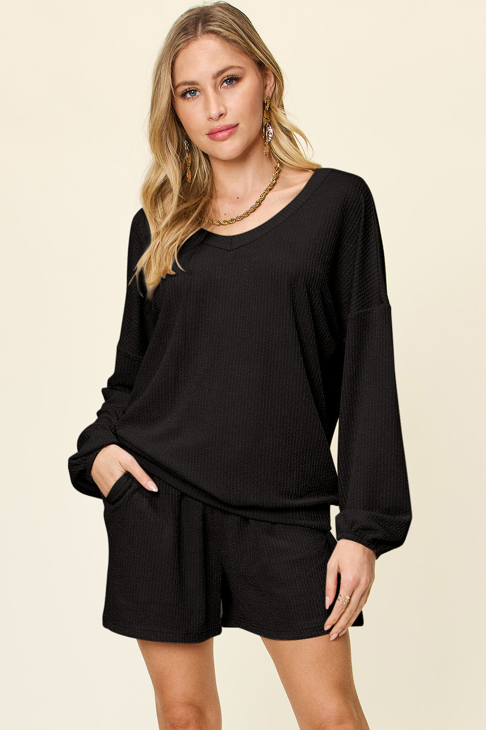 Double Take Texture V-Neck Long Sleeve T-Shirt and Shorts Set