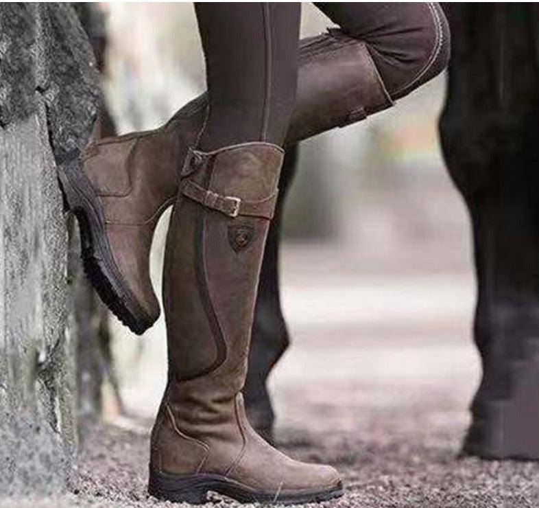 Vintage Ride Leather Boots - Stylish Retro Riding Boots for Trendy Women