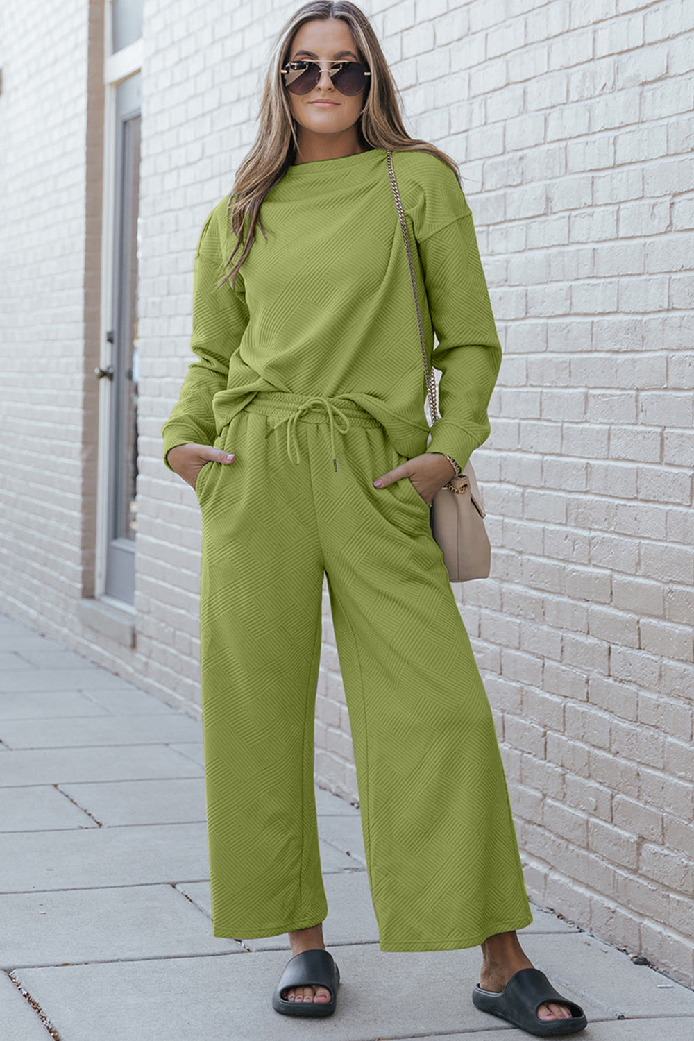 Double Take Textured Top & Drawstring Pants Set