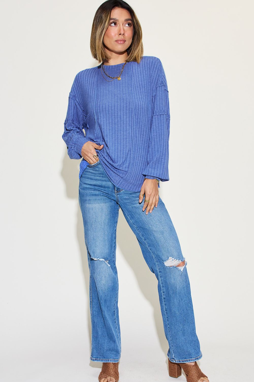 Basic Bae Ribbed Round Neck Long Sleeve T-Shirt