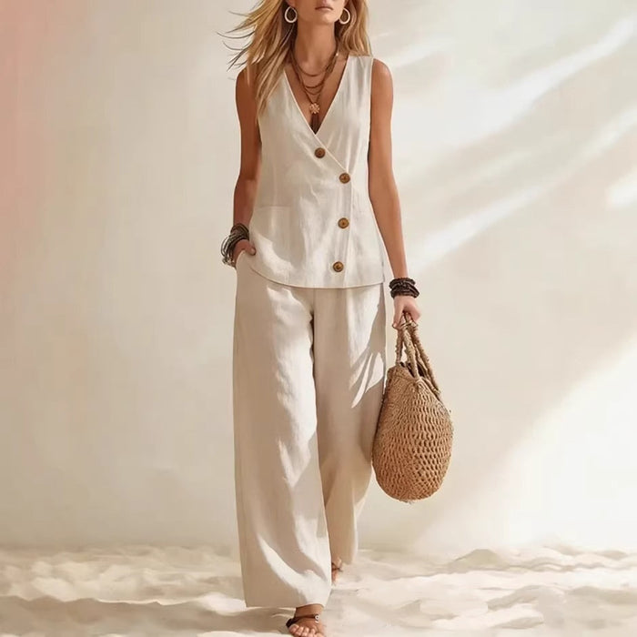 Women's Button-Up Cardigan Vest & Pants Set – Sleeveless Two-Piece