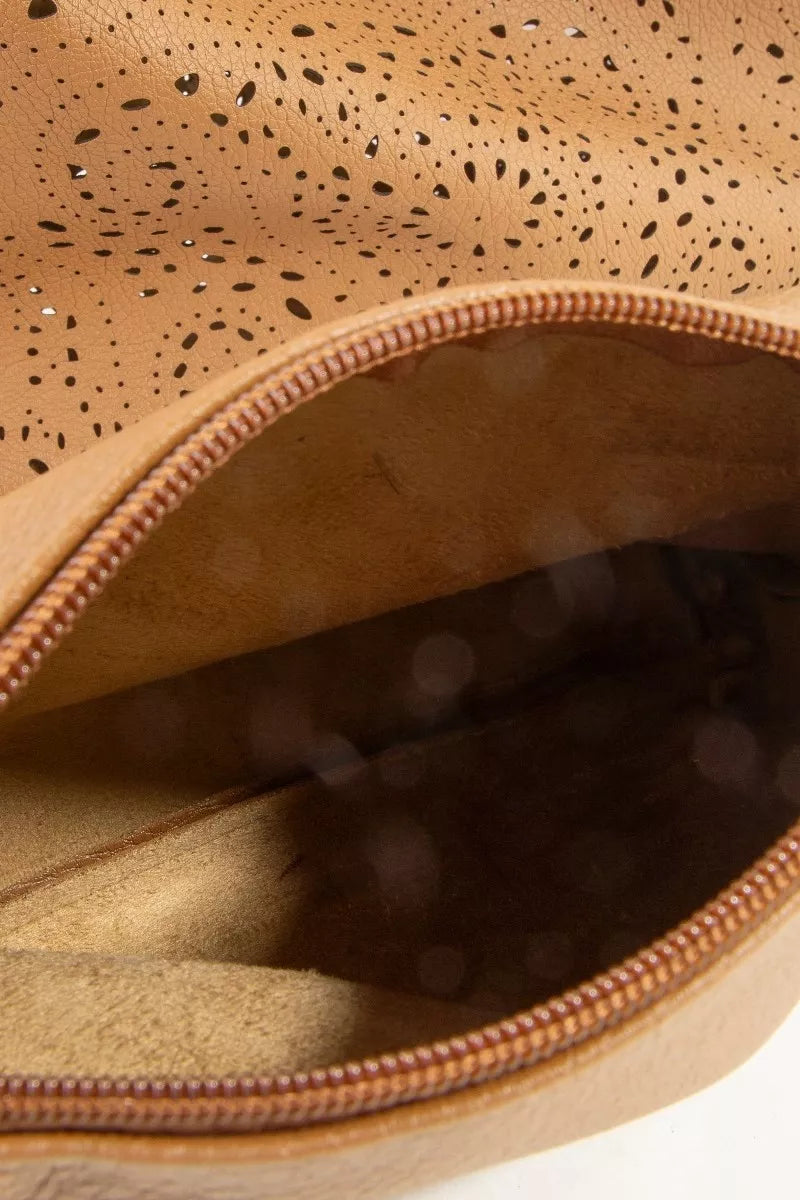 Trendsi Fame Intricate Cutout Motif shoulder handbag with detailed perforated design and elegant shape.