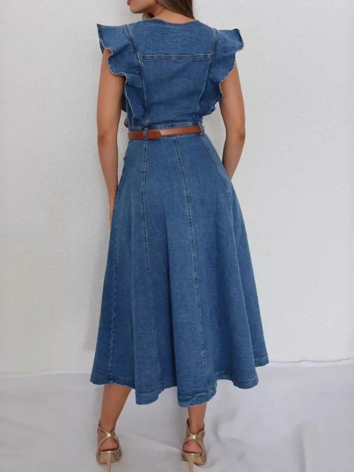 Ruffled button-front denim dress from Trendsi featuring a classic fit, front buttons, and stylish ruffle details.