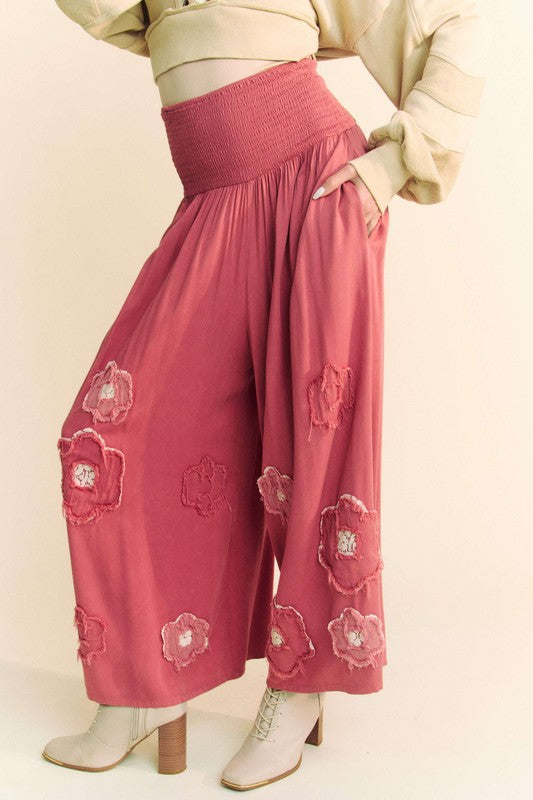 Smocked Waist Flower Patch Wide Leg Pants