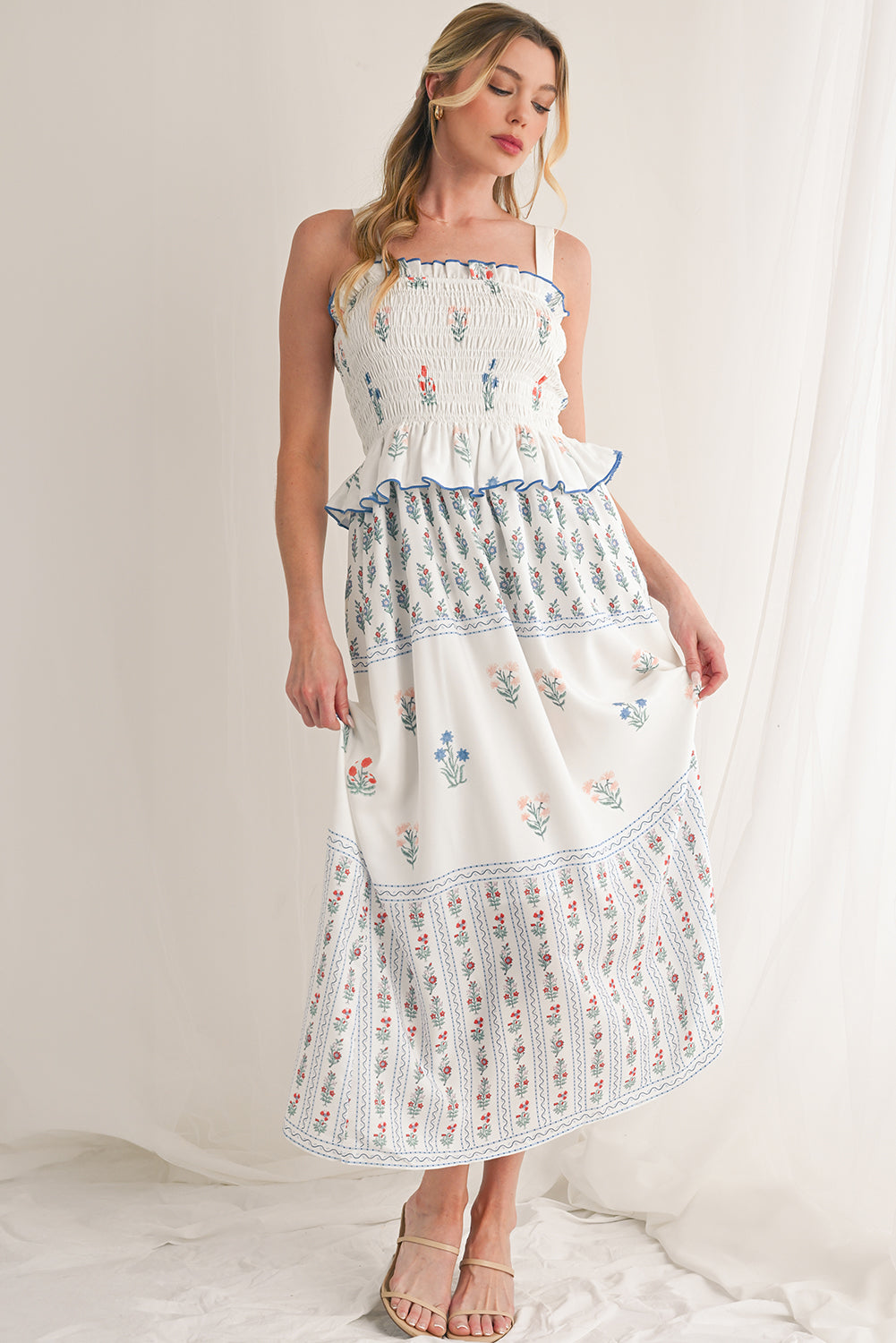 White Floral Print Frill Smocked Bodice Boho Dress