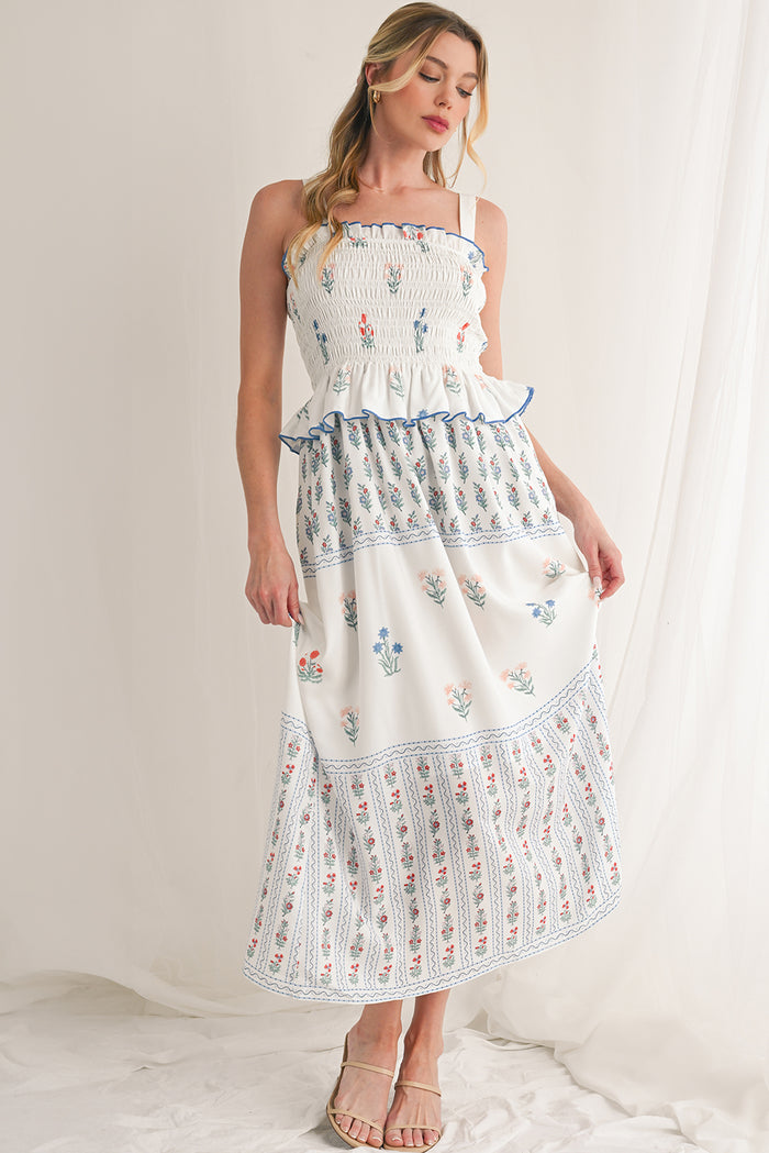 White Floral Print Frill Smocked Bodice Boho Dress