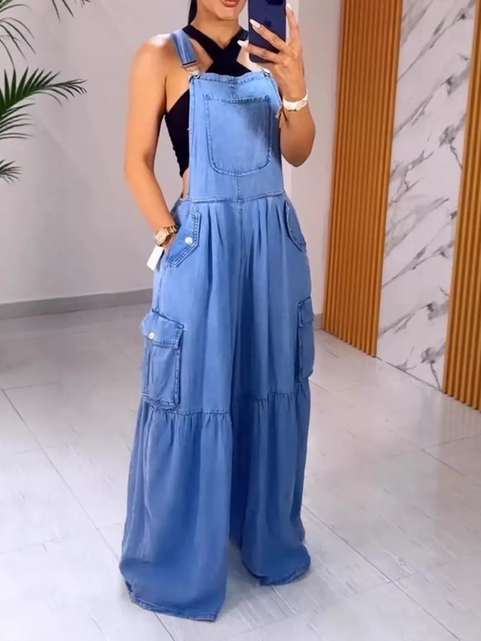 Plus size wide leg denim overalls jumpsuit with pocket details, made by Trendsi, featuring a full size fit and casual style.
