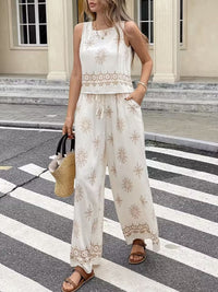 Trendsi sleeveless top and wide-leg pants two-piece set displayed on a model, stylish casual summer outfit for women.