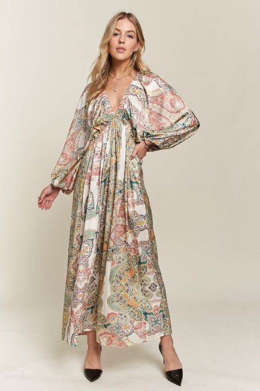 Printed V-Neck Batwing Sleeve Dress