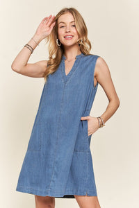 Notched Sleeveless Denim Dress with Pockets