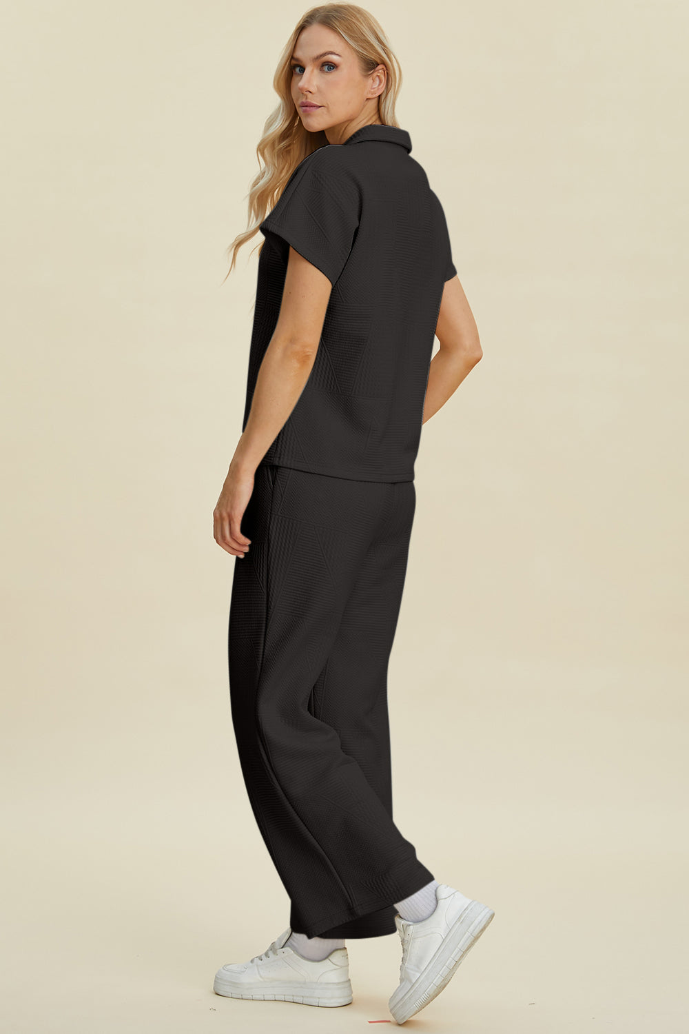 Double Take Collared Neck Short Sleeve Top and Pants Set