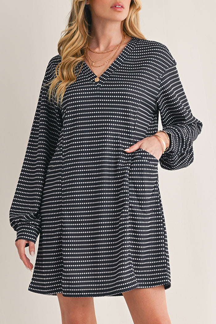 Black Striped V-Neck Long Sleeve Mini Dress