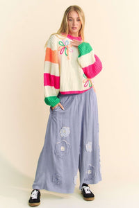 Smocked Waist Flower Patch Wide Leg Pants