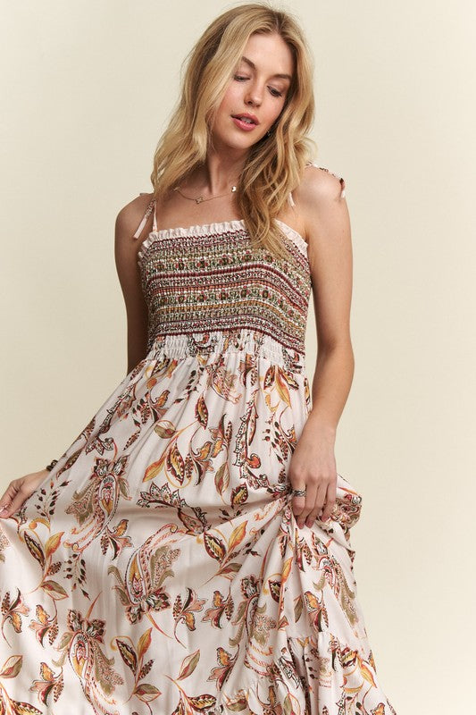 Smocked Printed Square Neck Tie Shoulder Cami Dress