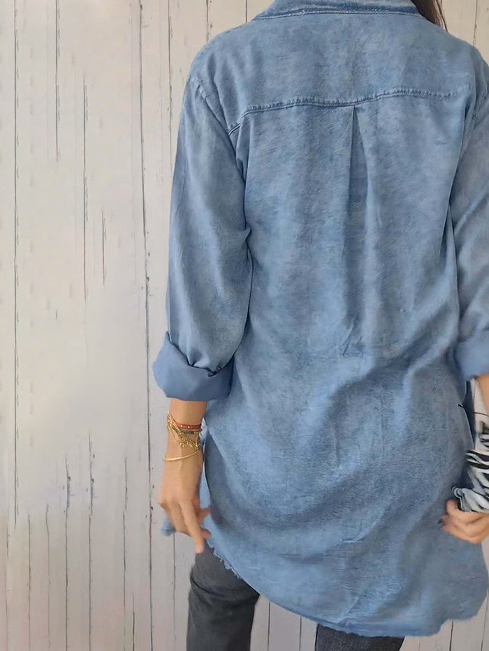 Raw Hem Button Up Long Sleeve Denim Top