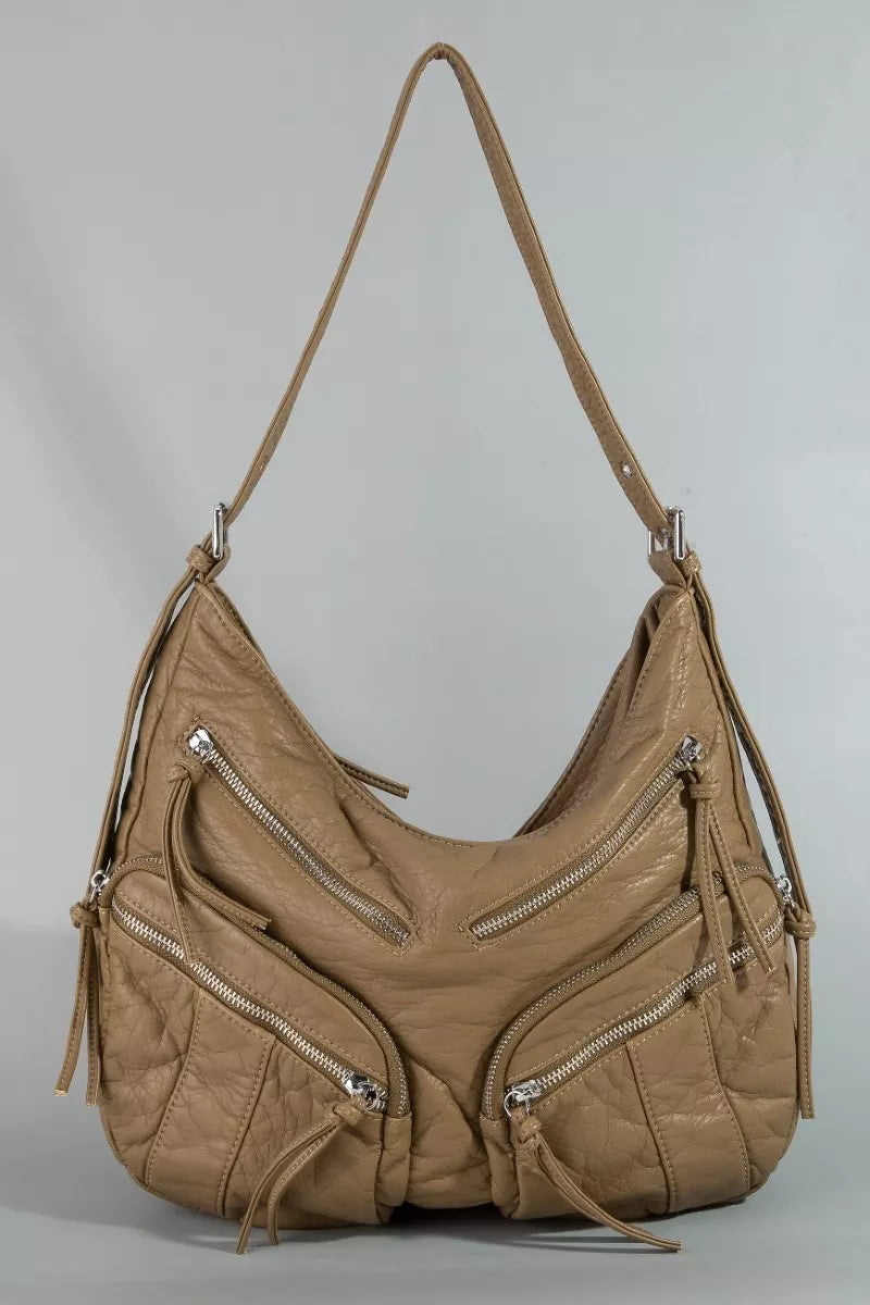 Fame Multi Zipper Pocket leather hobo bag with adjustable shoulder strap and multiple compartments, trendy Trendsi handbag.
