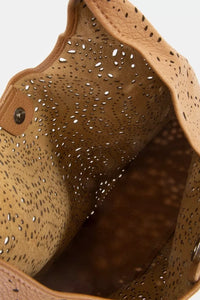 Trendsi Fame intricate cutout motif shoulder bag with detailed design, leather-like material, and adjustable strap.