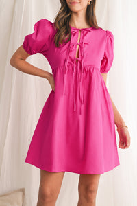 Bright Pink Tie Front Puff Sleeve Mini Dress