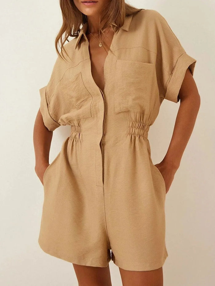 Trendsi ruched collar romper with pockets, stylish jumpsuit featuring a fitted design and convenient side pockets.